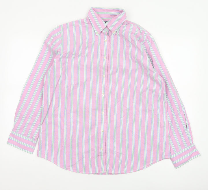 Lands’ End Women’s Pink Striped Cotton Button-Up Shirt Size 10-12 M