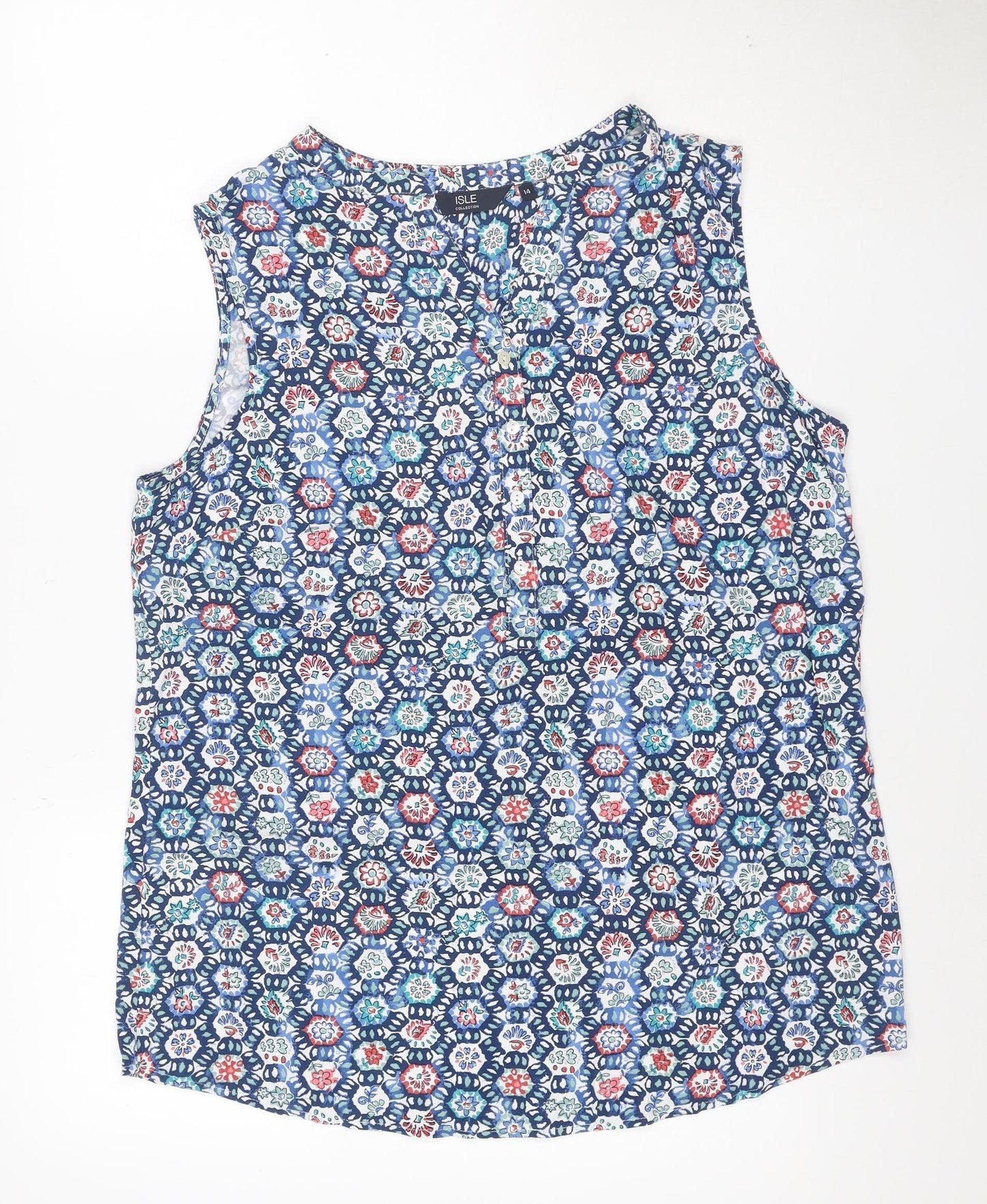 Isle Collection Women's Blue Floral Sleeveless Tunic Blouse Size 14