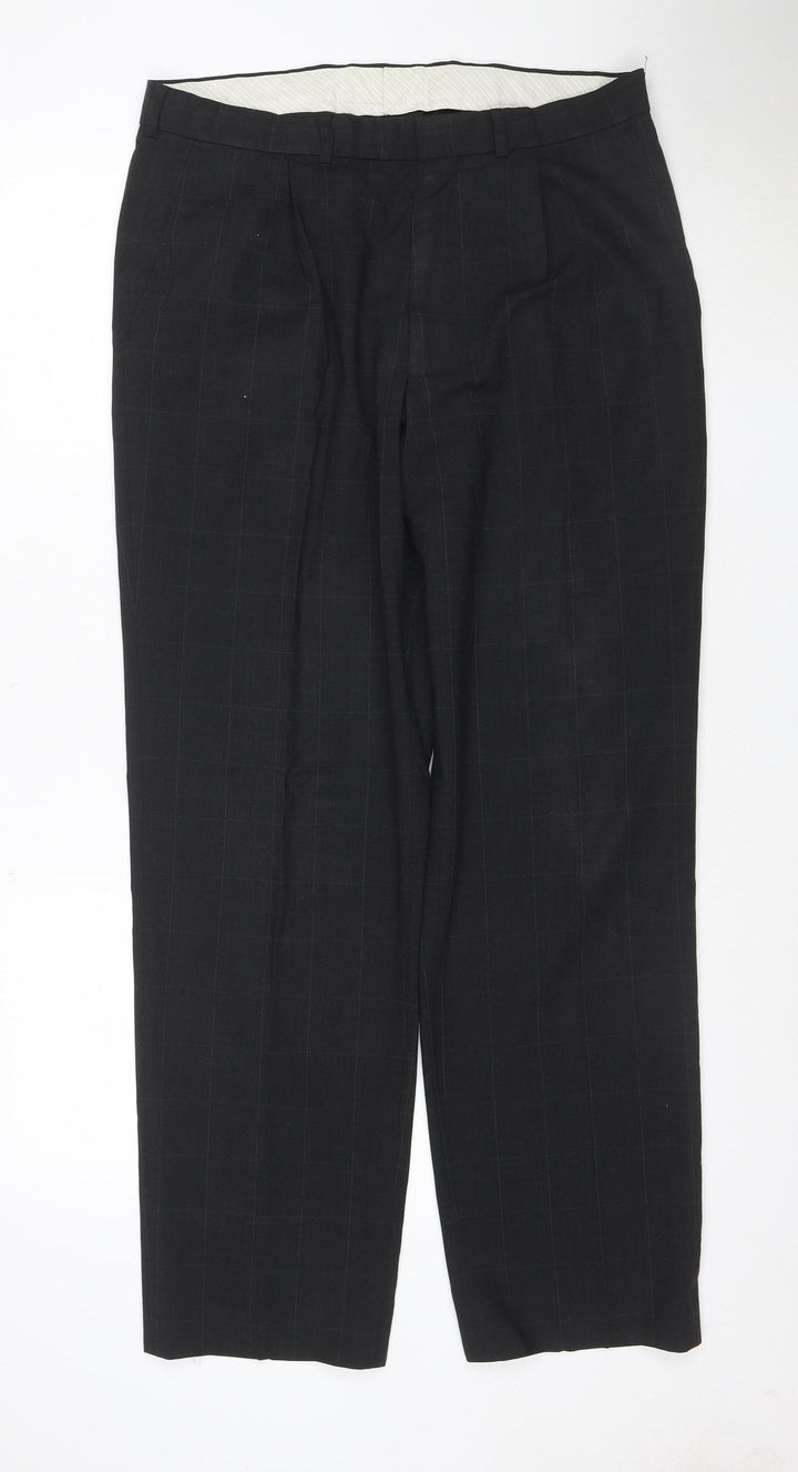 Marks and Spencer Men's Black Wool Blend Check Dress Trousers 34W 31L