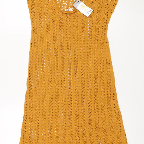 Primark Women Yellow Crochet Knit Slip Dress L Summer Beach Style