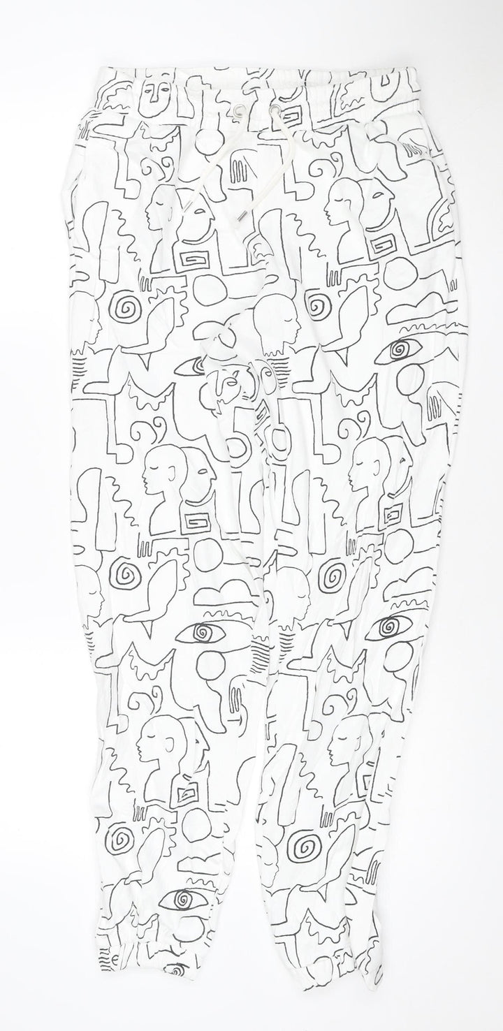 Monki Women White Abstract Print Cotton Jogger Trousers Size S