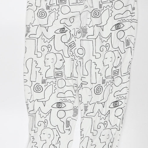 Monki Women White Abstract Print Cotton Jogger Trousers Size S