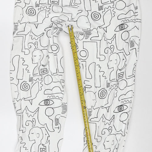 Monki Women White Abstract Print Cotton Jogger Trousers Size S