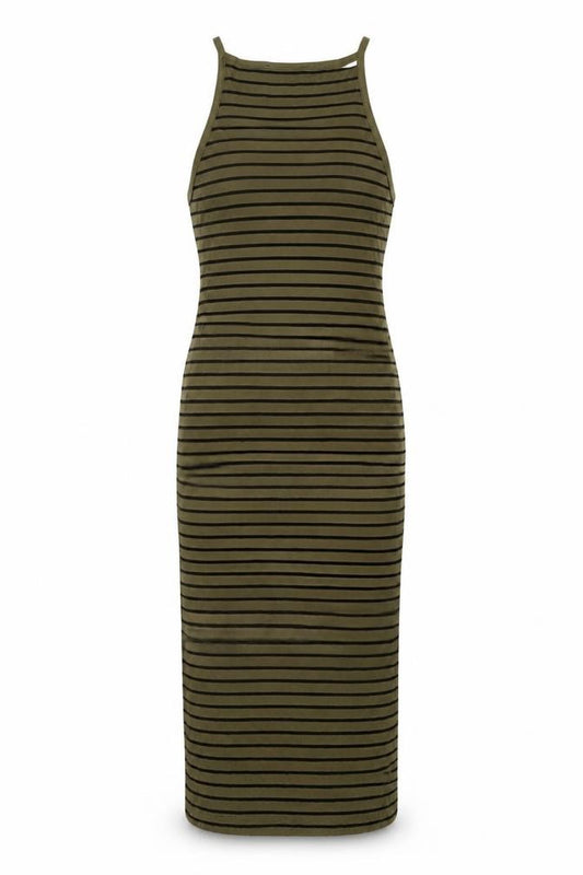 Front view of Forever 21 Women Brown Striped Tank Dress, size S, Stretch Jersey