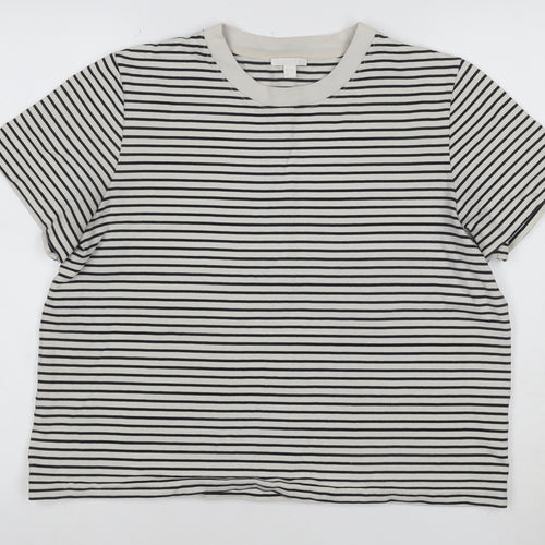 COS Women White Striped Basic T-Shirt Size L Cotton Crew Neck