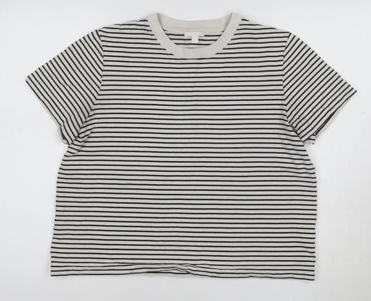 COS Women White Striped Basic T-Shirt Size L Cotton Crew Neck