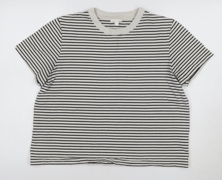 COS Women White Striped Basic T-Shirt Size L Cotton Crew Neck