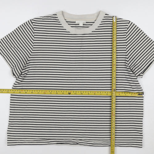COS Women White Striped Basic T-Shirt Size L Cotton Crew Neck