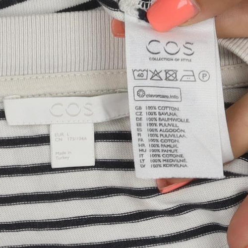 COS Women White Striped Basic T-Shirt Size L Cotton Crew Neck