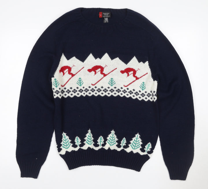 Sweater Shop Women Blue Ski Fair Isle Acrylic Jumper M