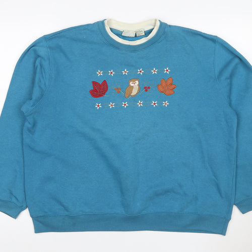 Classic Elements Women Blue XL Pullover Sweatshirt Owl Embroidered Cotton Blend