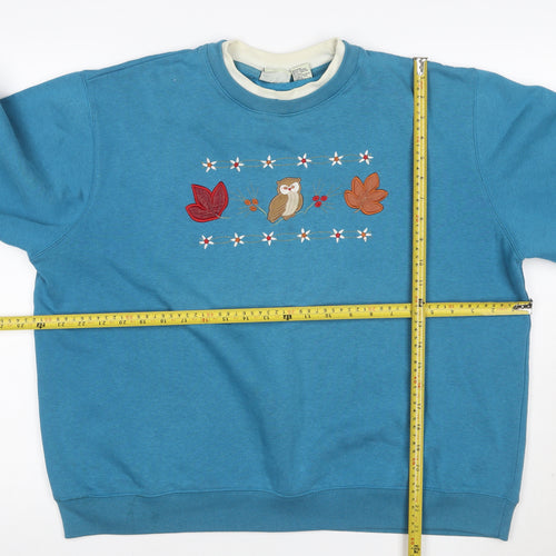 Classic Elements Women Blue XL Pullover Sweatshirt Owl Embroidered Cotton Blend