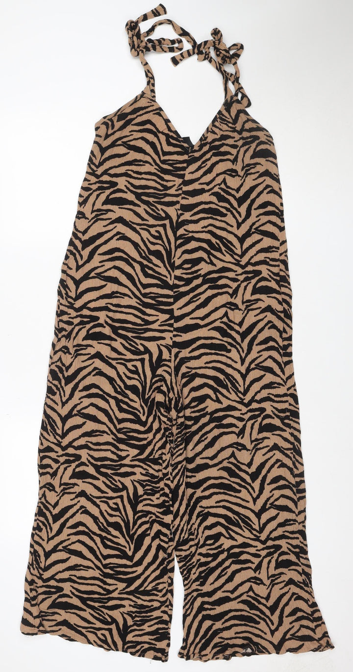 New Look Women's Beige & Black Zebra Print Jumpsuit Size 12 Viscose Strappy Wide-Leg