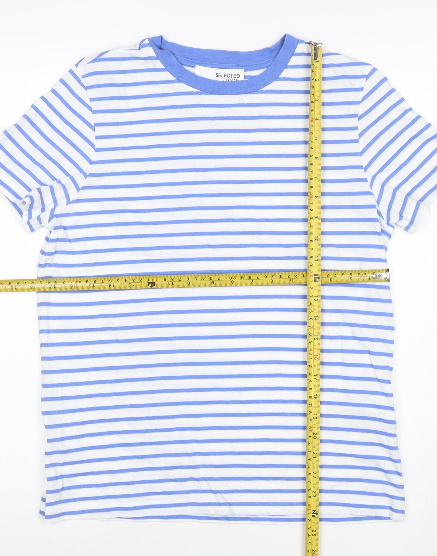 SELECTED FEMME Women's Blue White Striped Cotton T-Shirt M