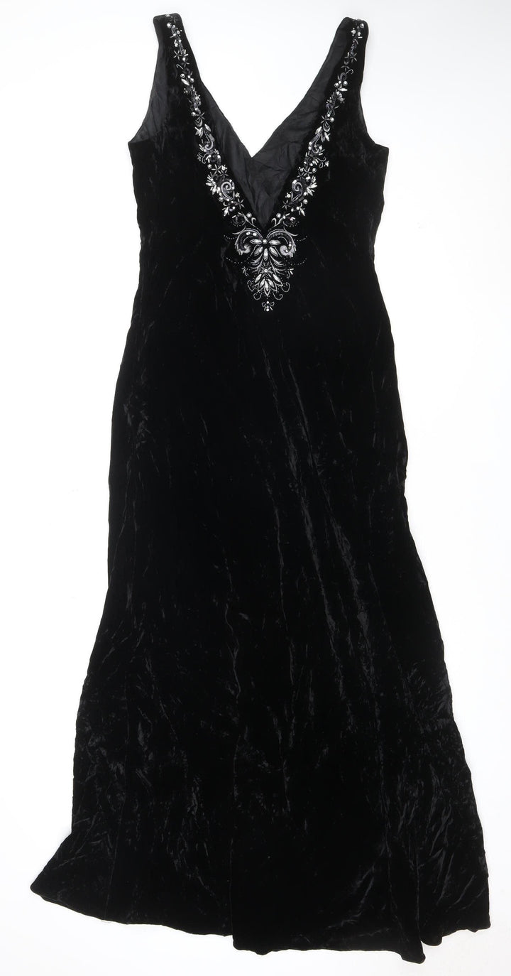 Laura Ashley Women's Black Size 12 Velvet A-Line Sleeveless Embroidered Evening Dress