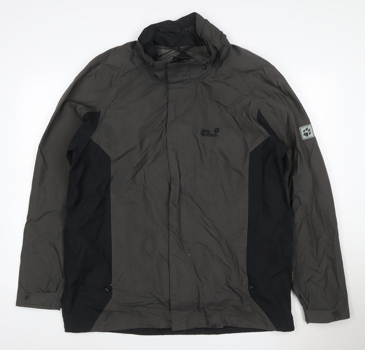 Jack Wolfskin Men's Grey L Hooded Waterproof Rain Jacket Lined
