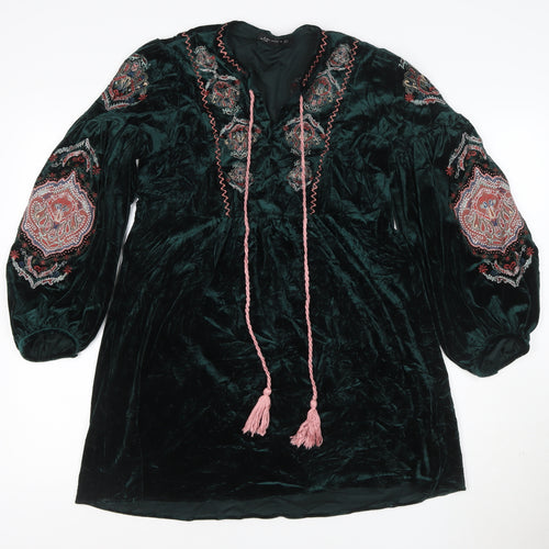Zara Woman Green Velvet Embroidered Boho Tunic Dress Size 8