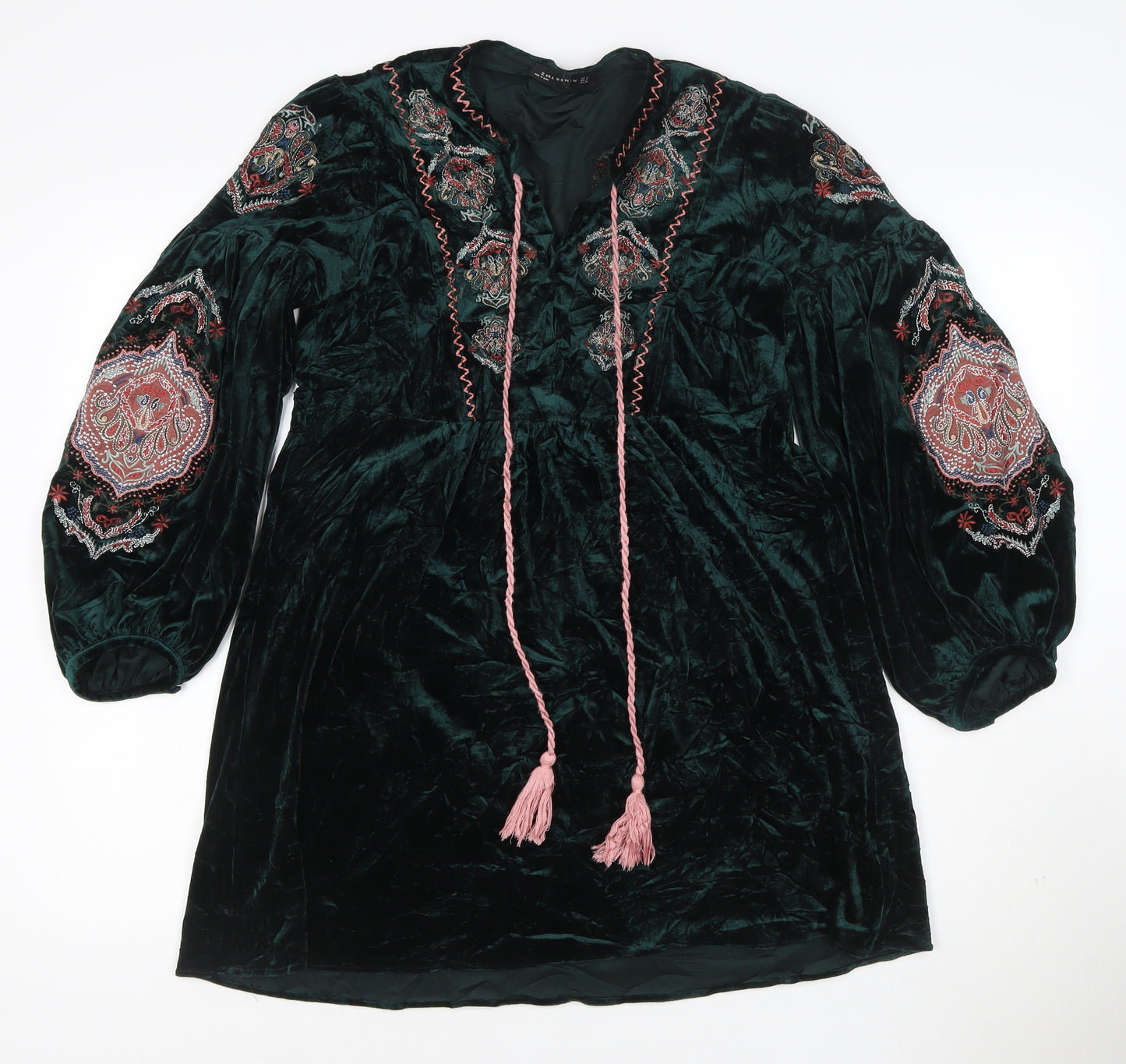 Zara Woman Green Velvet Embroidered Boho Tunic Dress Size 8