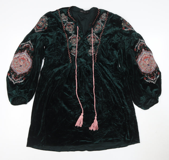 Zara Woman Green Velvet Embroidered Boho Tunic Dress Size 8