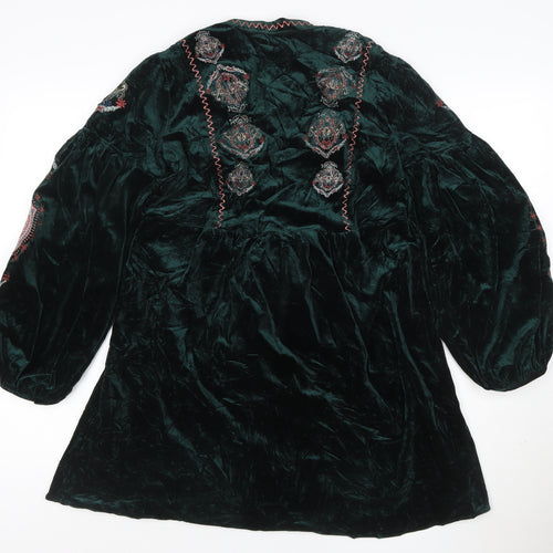 Zara Woman Green Velvet Embroidered Boho Tunic Dress Size 8