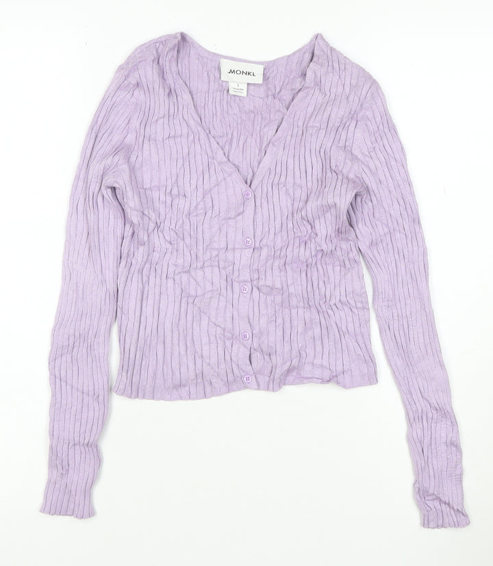 Monki Women Purple V-Neck Ribbed Knit Button Cardigan Size S
