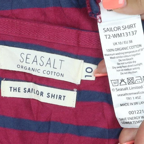 Seasalt Women Red Blue Striped Long Sleeve Organic Cotton Sailor Shirt Size 10