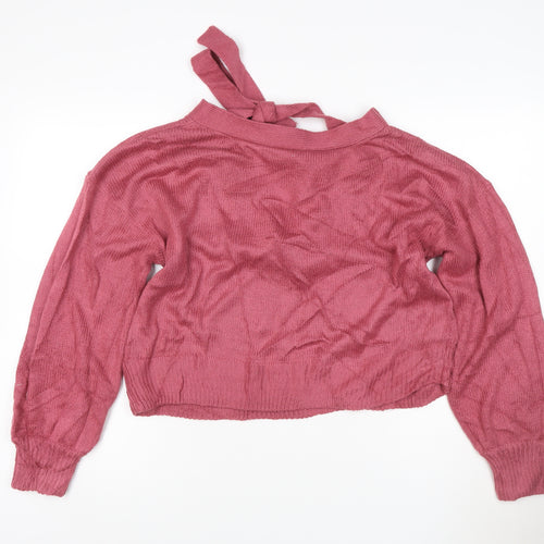 Threadbare Women Pink Knit Bow High Neck Pullover Jumper Size 12