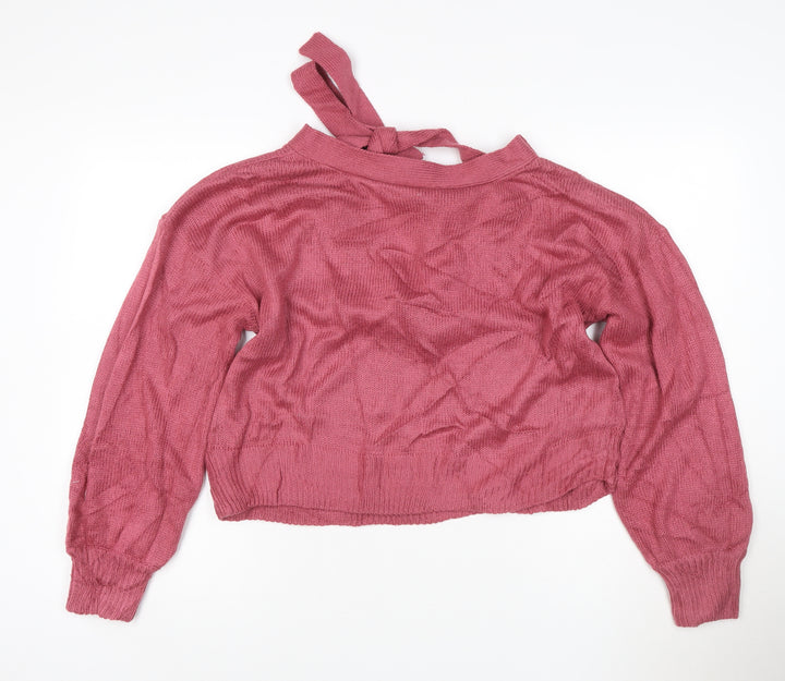 Threadbare Women Pink Knit Bow High Neck Pullover Jumper Size 12