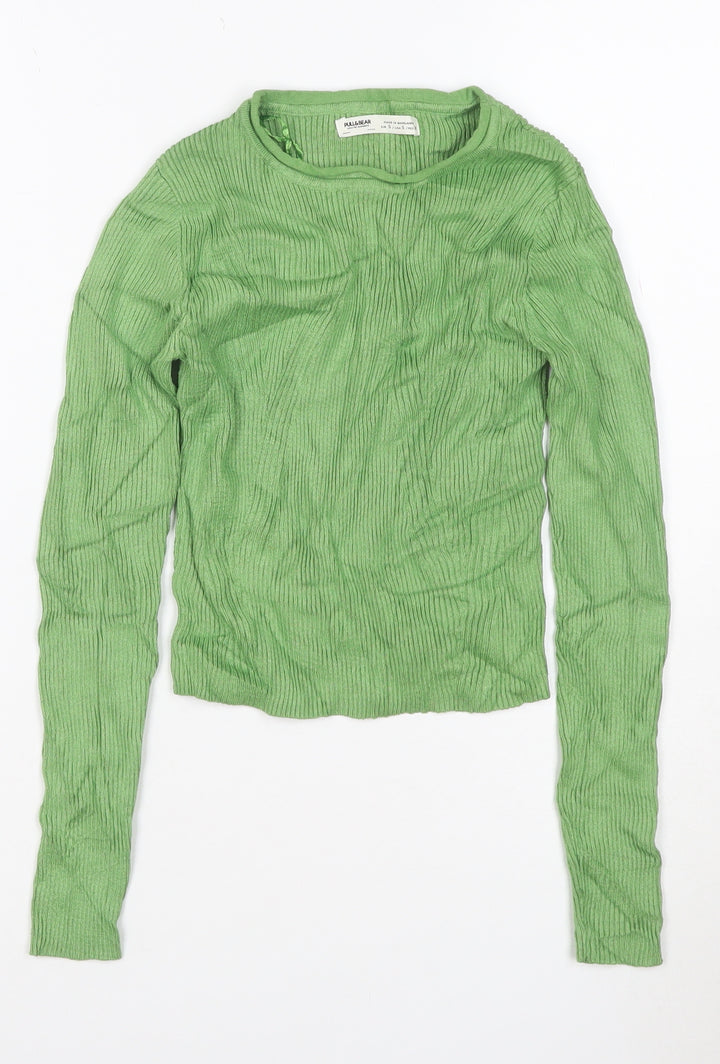 Pull & Bear Women Green Slim Fit Ribbed Knit Long Sleeve Jumper Size S