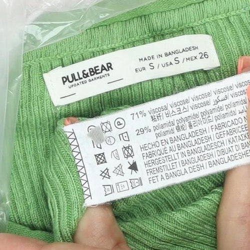 Pull & Bear Women Green Slim Fit Ribbed Knit Long Sleeve Jumper Size S