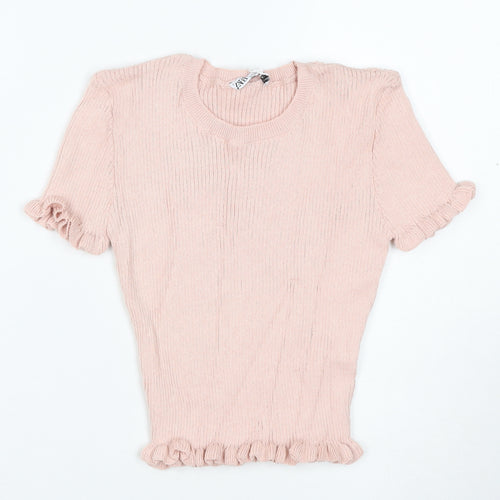 ZARA Women's Pink Ruffle Knit Short Sleeve T-Shirt Size S