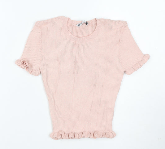 ZARA Women's Pink Ruffle Knit Short Sleeve T-Shirt Size S