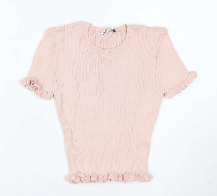 ZARA Women's Pink Ruffle Knit Short Sleeve T-Shirt Size S