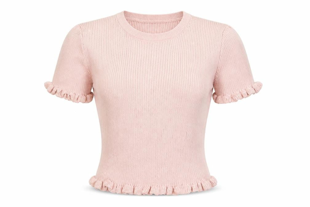 ZARA Women's Pink Ruffle Knit Short Sleeve T-Shirt Size S