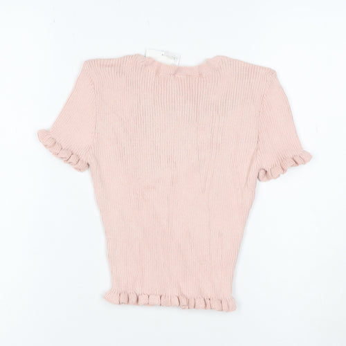 ZARA Women's Pink Ruffle Knit Short Sleeve T-Shirt Size S