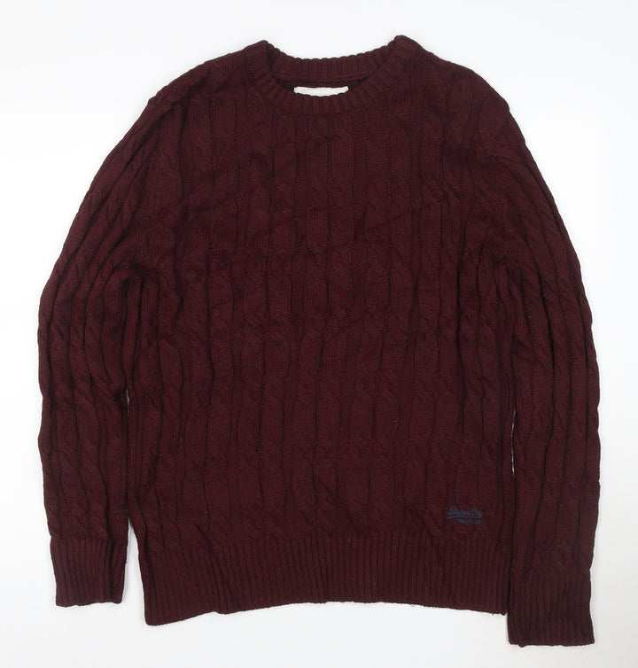 Superdry Men Red 2XL Cable-Knit Crew Neck Jumper