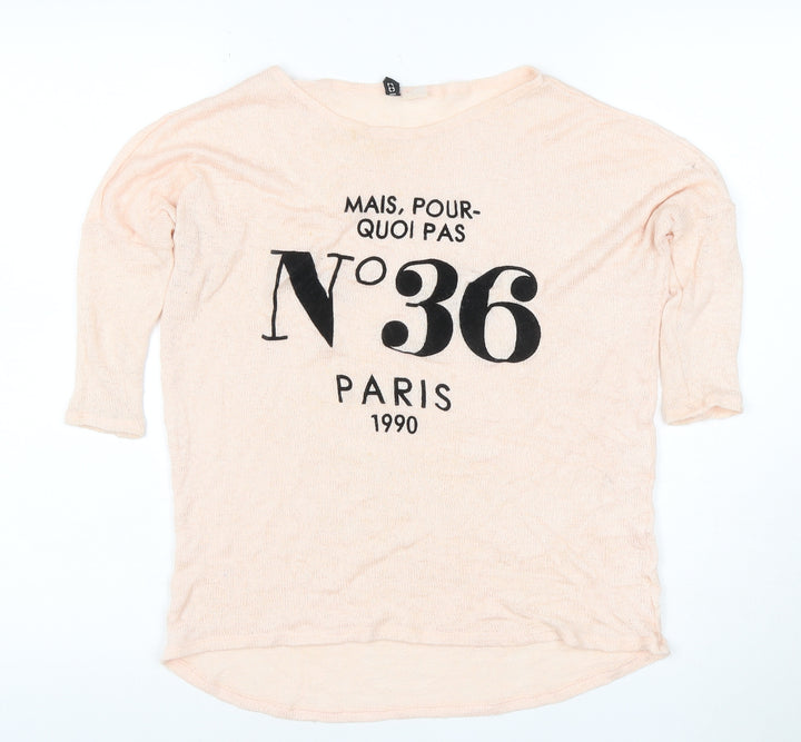 H&M Women Beige Graphic Paris Pullover Jumper XS 3/4 Sleeve Knit