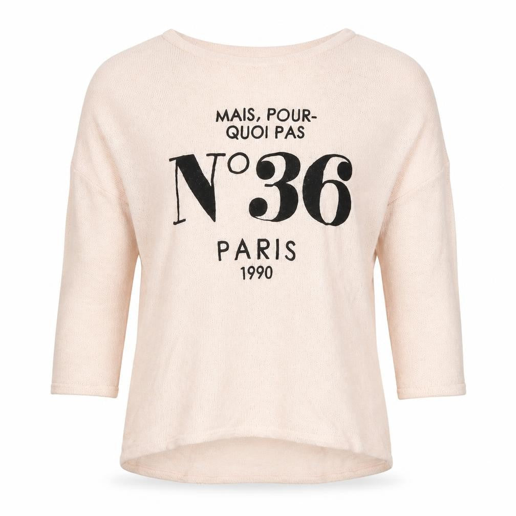 H&M Women Beige Graphic Paris Pullover Jumper XS 3/4 Sleeve Knit