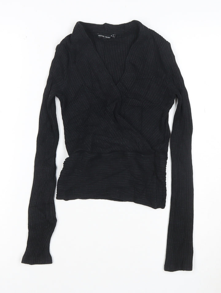Bershka Women's Black Wrap Knit Long Sleeve Blouse Size S