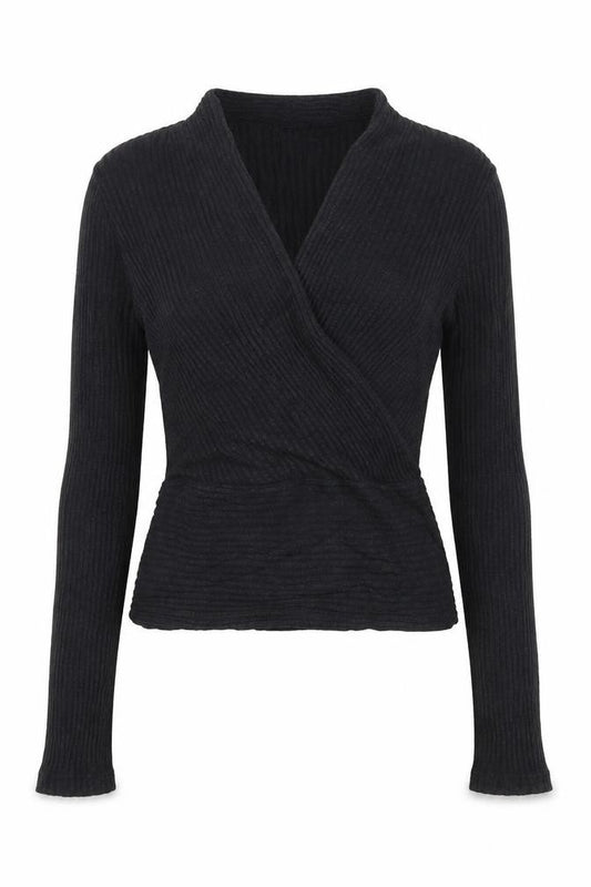 Front view of Bershka Women's Black Wrap Knit Long Sleeve Blouse, size S