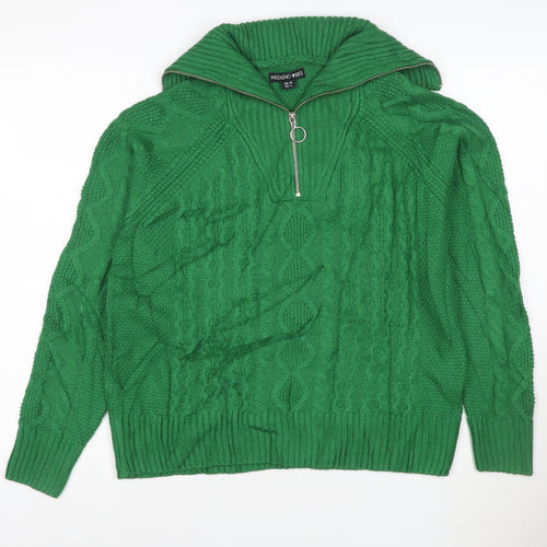 Weekend Vibes Women Green Cable Knit Half Zip Jumper UK 14