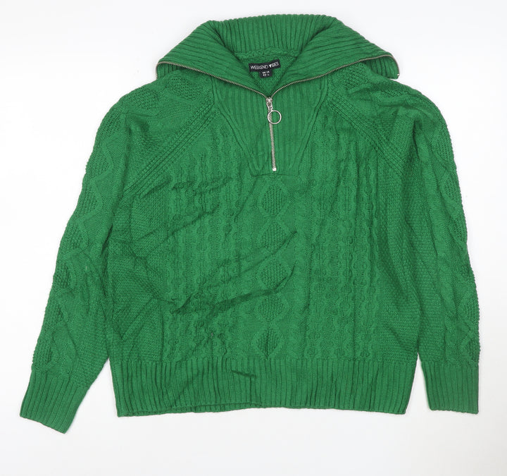 Weekend Vibes Women Green Cable Knit Half Zip Jumper UK 14