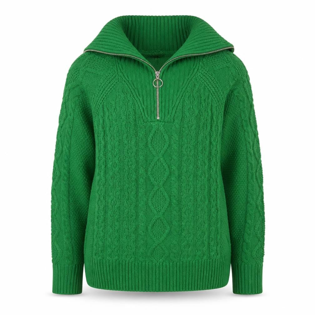 Weekend Vibes Women Green Cable Knit Half Zip Jumper UK 14