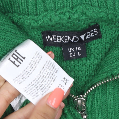 Weekend Vibes Women Green Cable Knit Half Zip Jumper UK 14