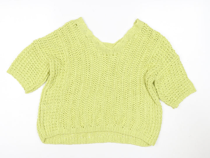 Next Women's Green Knit Cropped V-Neck Short Sleeve Top Size S