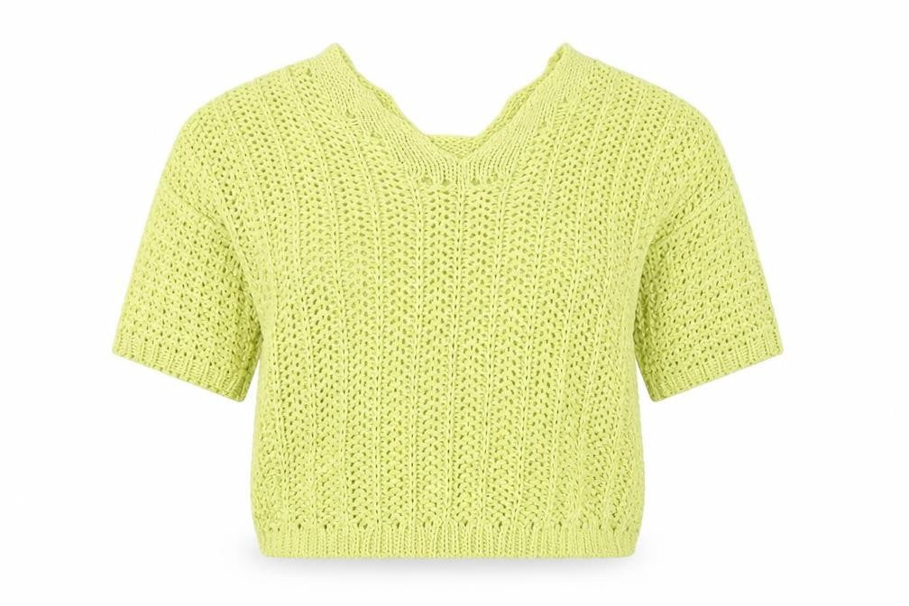Front view of Next Women's Green Knit Cropped V-Neck Short Sleeve Top, size S
