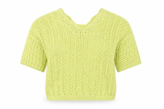 Front view of Next Women's Green Knit Cropped V-Neck Short Sleeve Top, size S