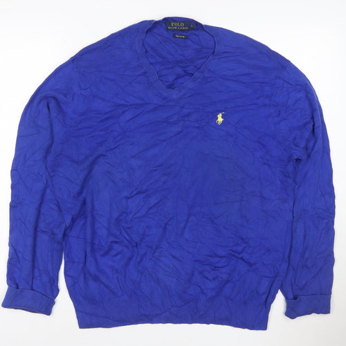 Ralph Lauren Men's Blue V-Neck Cotton Pullover Jumper Size L