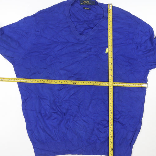 Ralph Lauren Men's Blue V-Neck Cotton Pullover Jumper Size L