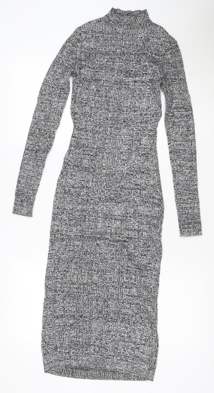 H&M Women Grey Bodycon Knit Midi Dress Size 12 Long Sleeve